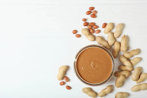 creamy peanut butter on the table. Peanut paste.