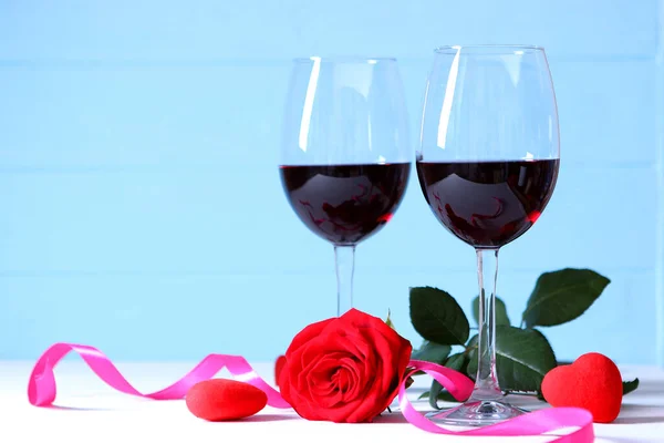 Red Wine Roses Table Valentine Day Background Gala Dinner Two Stock Image
