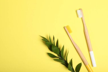 Renkli arka plan görünümlü doğal bambu diş fırçaları. Ağız ve diş bakımı.