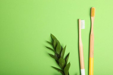 Renkli arka plan görünümlü doğal bambu diş fırçaları. Ağız ve diş bakımı.