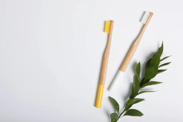 Escovas Dentes Bambu Naturais Uma Vista Superior Fundo Leve Cuidados — Fotografia de Stock