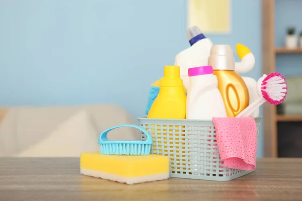 Cleaning Products Table Interior Room — Stock Photo, Image