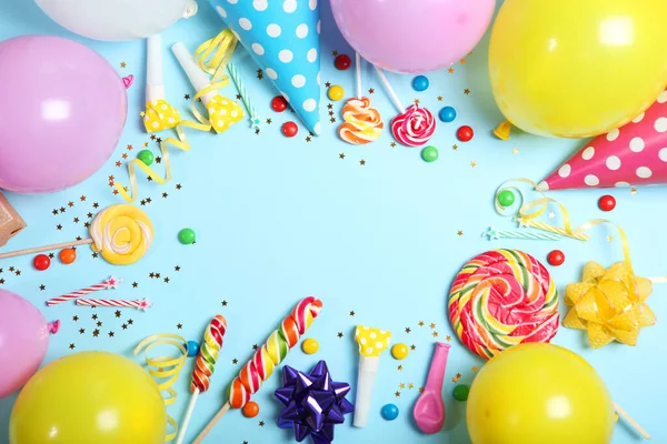 Flatlay Composition Accessories Party Birthday Colored Background Place Text Top — Stock Photo, Image