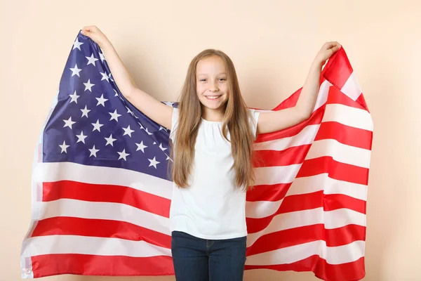 Portrait Little Positive Girl American Flag Her Hands — Stock Photo, Image