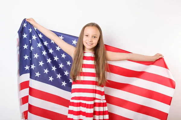 Portrait Little Positive Girl American Flag Her Hands — Stock Photo, Image