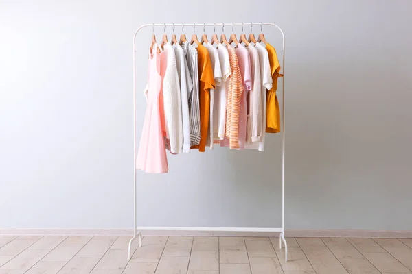 Fashion Clothes Rack Light Background Indoors Place Text — Stock Photo, Image