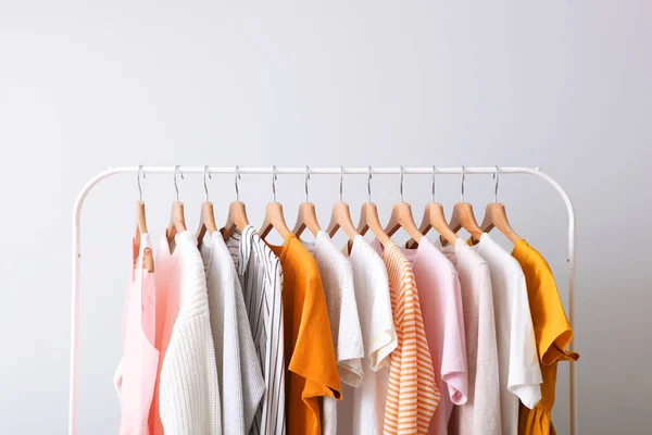 Fashion Clothes Rack Light Background Indoors Place Text — Stock Photo, Image