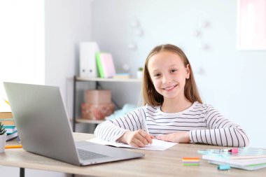 A child learns online at home through a modern laptop on the Internet.