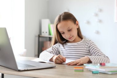 A child learns online at home through a modern laptop on the Internet.