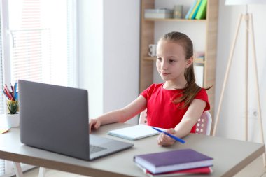 A child learns online at home through a modern laptop on the Internet.