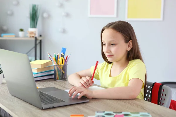 A child learns online at home through a modern laptop on the Internet.