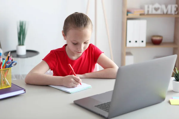 Child Learns Online Home Modern Laptop Internet — Stock Fotó