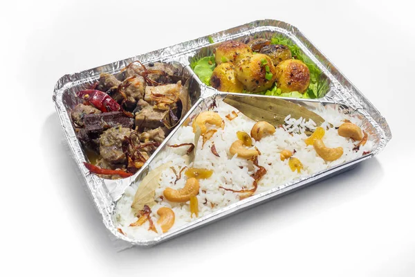 Besin Isıtıcısı Alüminyum Foil dikdörtgen kullan-at beslenme çantası. Tayland ve Çin usulü yemek siparişi. 450ml 3 parça Foil Container yemek kutusu. Üst manzara, düz sırt üstü uzan