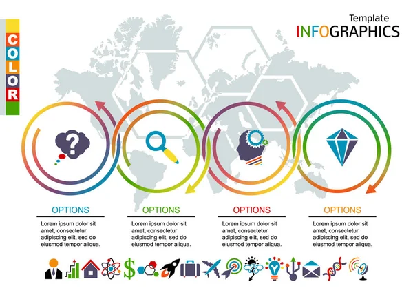 Modèle d'infographie. définir des éléments avec carte du monde en arrière-plan — Image vectorielle