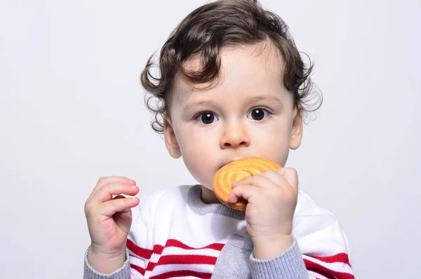 Retrato de um bebê bonito comendo um biscoito . — Fotografia de Stock