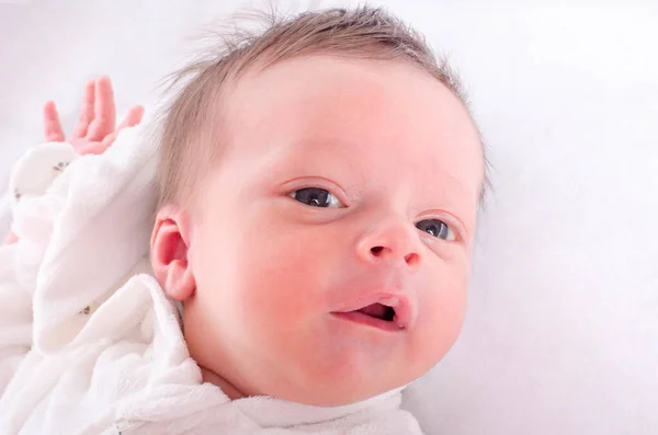 Portrait Cute Baby Boy Looking Camera Newborn Lying Bed White — Stock Photo, Image