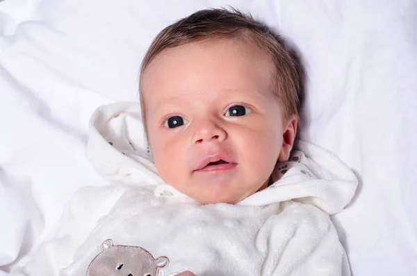 Portrait Cute Baby Boy Smiling Newborn Lying Bed White Sheet — Stock Photo, Image