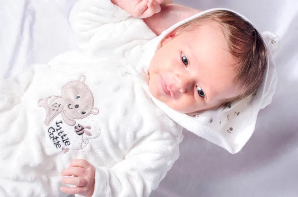 Portrait Cute Baby Boy Newborn Held Parent Hand Bed Stock Image