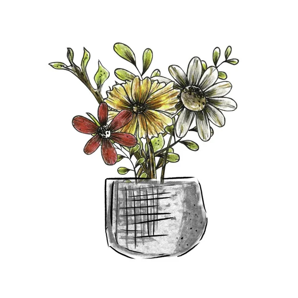 Watercolor hand painted . Bouquets of flowers in pots.Isolated on a white background.