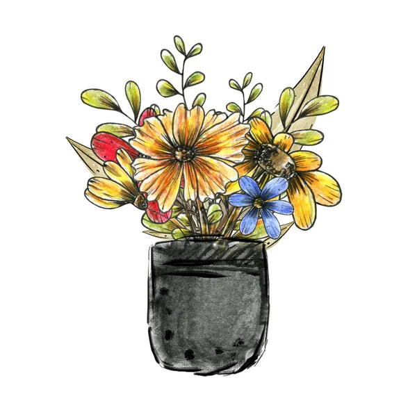 Aquarela pintada à mão. Bouquets de flores em vasos. Isolado em um fundo branco . — Fotografia de Stock