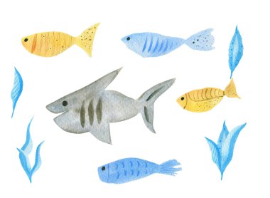 Beyaz arka planda izole edilmiş suluboya elle çizilmiş balık koleksiyonu. Sanatsal balık karakterleri. Deniz altı yaşamı.