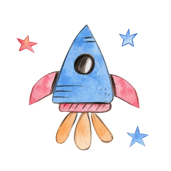 Aquarela cor rocket.Hand desenhado aquarela illustration.Isolated em um fundo branco . — Fotografia de Stock