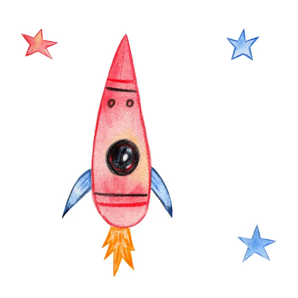 Watercolor color rocket.Hand Drawn watercolor illustration.Isolated on a white background. — Stock Photo, Image