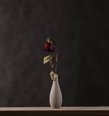 Masadaki vazoda kurumuş kırmızı gül.