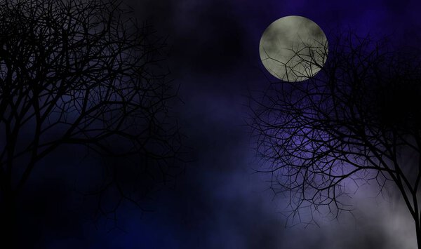 Nightmare creepy forest with moon, foggy and mist at night illustration design background.