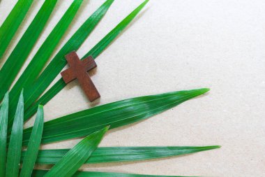 Kahverengi arka planda yeşil palmiye yaprakları üzerinde eski ahşap haç ve sağda telif alanı. Palm Sunday fotoğraf konsepti.