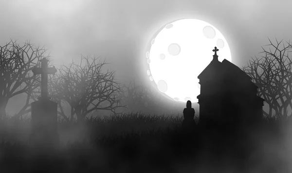 Ужасное Страшное Кладбище Полнолуние Женщина Призрак Стоящая Перед Старой Церковью — стоковое фото