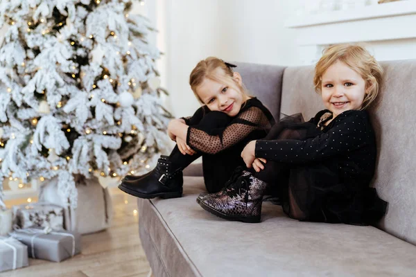 Дві милі чарівні маленькі сестри біля ялинки в затишній вітальні . — стокове фото