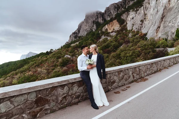 Joven pareja recién casada, novia y novio besándose, abrazándose a la vista perfecta de las montañas —  Fotos de Stock