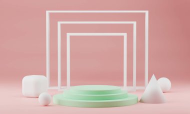 3D görüntüleme beyaz podyum Geometrik Şekiller Soyut Minimum Pembe Arkaplan.