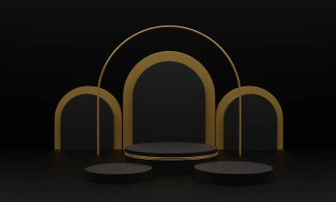 Geometrik 3 şekilli 3D çizim. Kozmatik ürün sunumu için altın silindir podyum platformları. Modern stilde soyut kompozisyon.