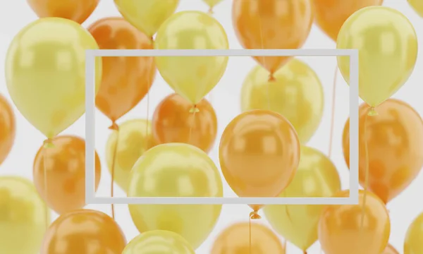 3d rendering witte frame template. Zwevende tekst met oranje en gele luchtballonnen achtergrond. Model voor poster, flyer, invitatieconcept. — Stockfoto