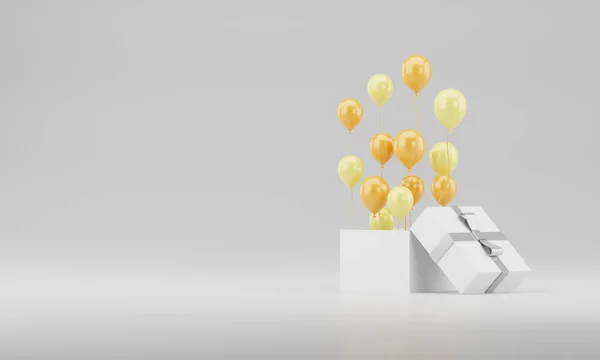 3d renderizado realista caja de regalo abierta con globos copia espacio stock ilustración sobre fondo blanco . —  Fotos de Stock