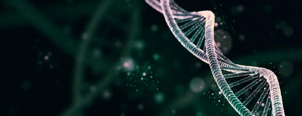 ADN molécula espiral estructuras fondo oscuro. Concepto de biología, ciencia y tecnología médica. Ilustración 3D — Foto de Stock