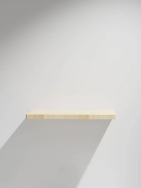 Mensola di legno galleggiante di rendering 3d sulla parete bianca vuota . — Foto Stock