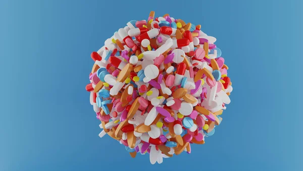 3D-Rendering-Sphäre von Multi-Colors-Pillen auf Farbhintergrund. — Stockfoto