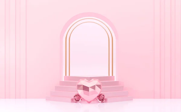 Renderelés Rózsaszín Kapu Stúdió Háttér Dobogókkal Lépcsők Poligon Szív Rózsák — Stock Fotó
