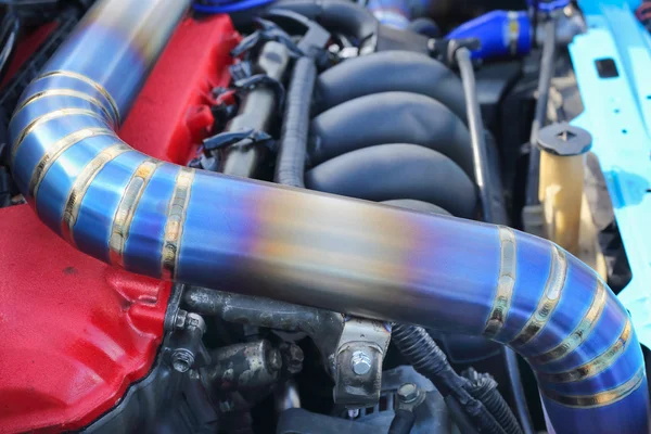 Mig welded seam on stainless steel pipe in racing car — Stock Photo, Image