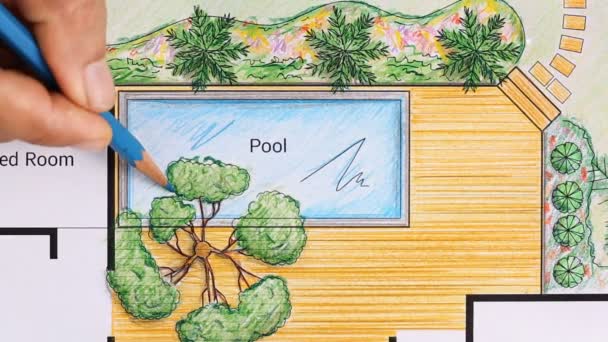 Landscape architect design backyard and pool for villa — Stock Video