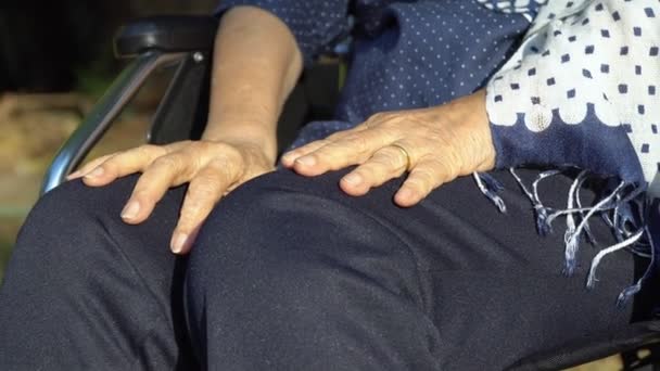 Mujer anciana mano en silla de ruedas . — Vídeos de Stock