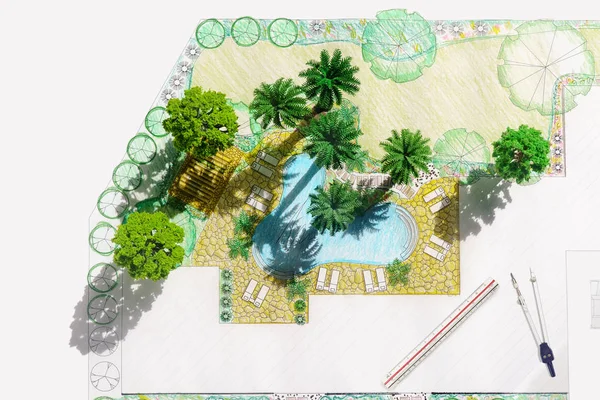 Architekt krajobrazu projekt planu podwórka dla willi — Zdjęcie stockowe