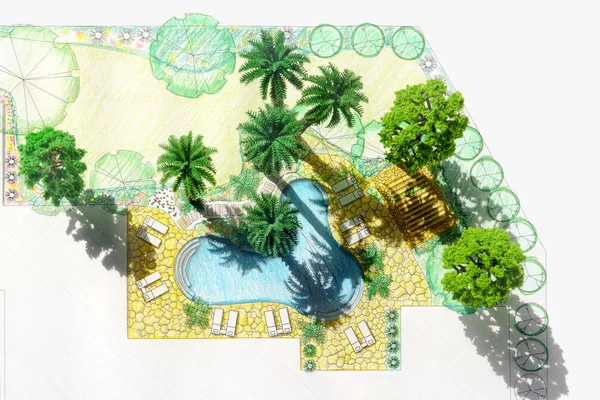 Modelu zahradního architekta navrhnout dvorku plán pro villa — Stock fotografie