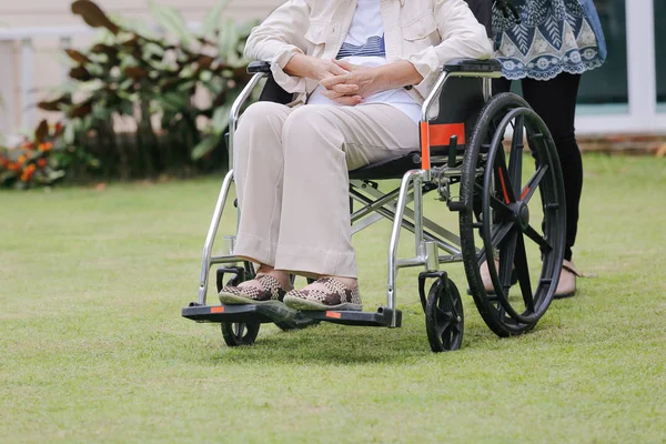 Mujer mayor relajarse en silla de ruedas en el patio trasero con su hija — Foto de Stock