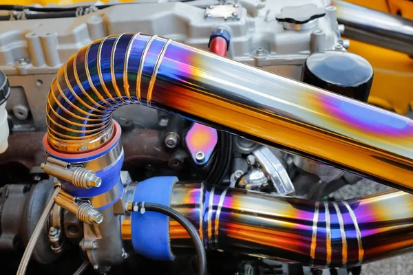 Tig welded seam on stainless steel pipe in racing car — Stock Photo, Image