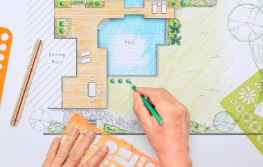 Villa için arka bahçe ve havuz tasarımı planı.