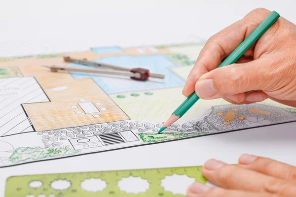 Villa için arka bahçe ve havuz tasarımı planı.